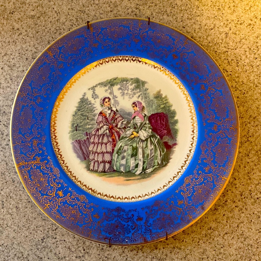 Colorful Large Vintage Fashion Dinner Plate Depicting Antique  Scene 24K Gold